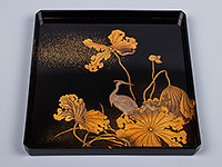 @c Ł@Shinoda Getsugyo 1st^w͘@ɍ}G~x@a Makie tray (an egret in a pond with the lotus dead leaves)