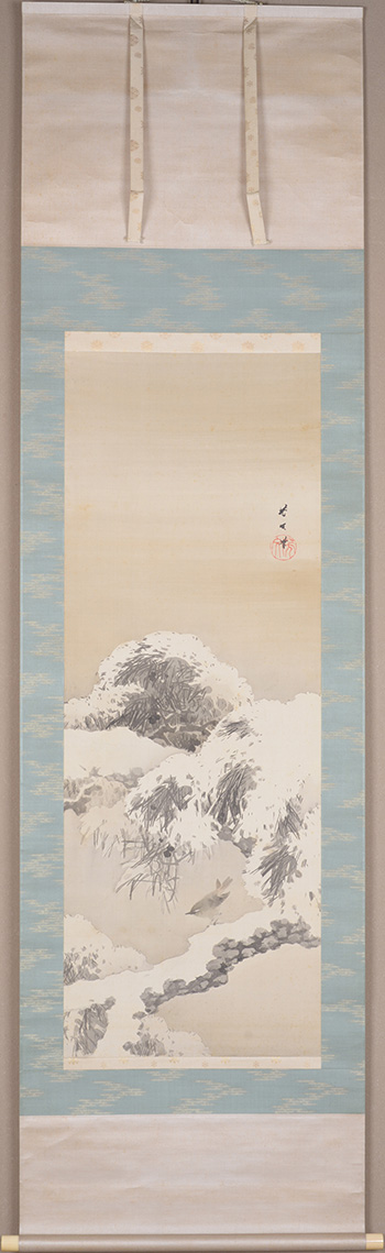 �e�r�@�F���@Kikuchi Hobun�^�ᏼ��}�@A bush warbler in snowing old pine tree