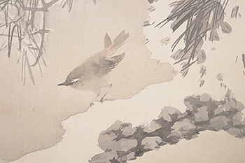 �e�r�@�F���@Kikuchi Hobun�^�ᏼ��}�@A bush warbler in snowing old pine tree
